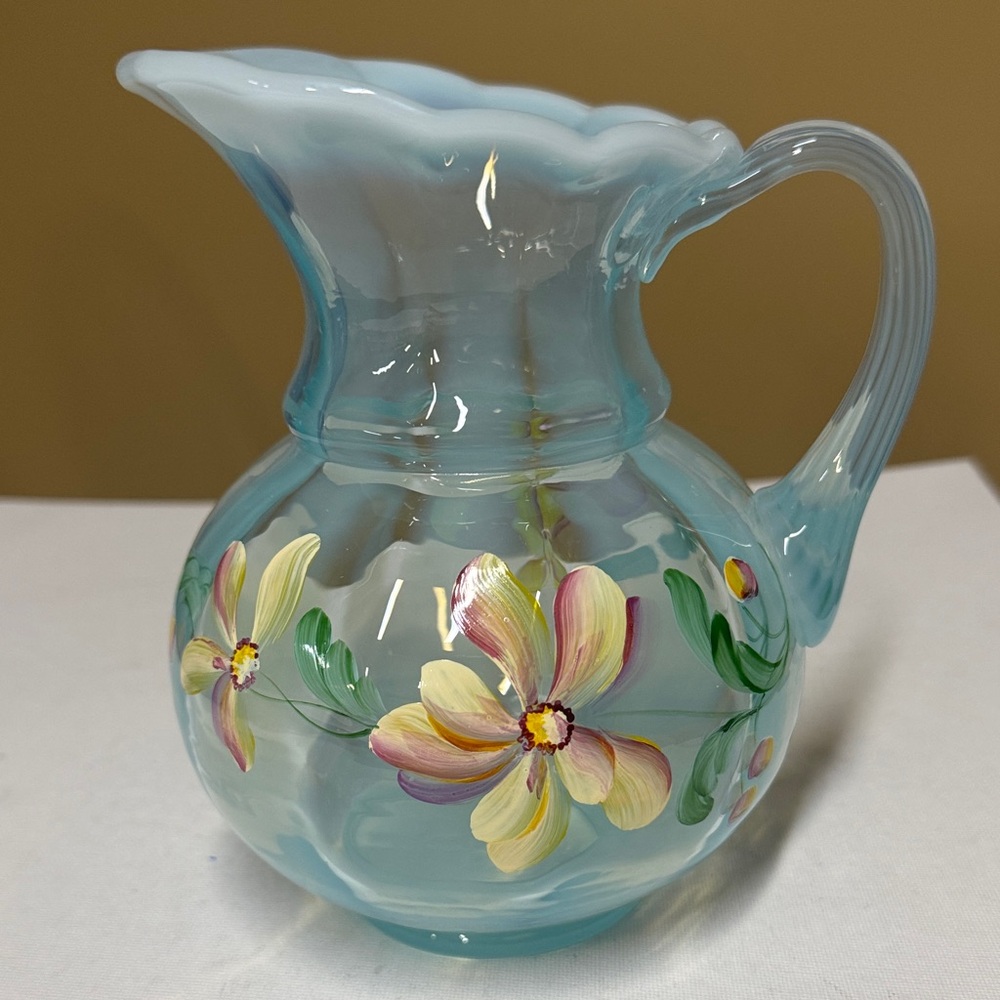 Fenton Opalescent Misty Blue Pitcher Vase Hand Painted Flowers Signed 7” tall